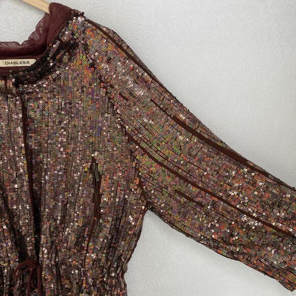 DIABLESS Jacket Womens L Seqiun Embellished Hoodie Coat Full Zip Cinched Brown - Picture 4 of 16